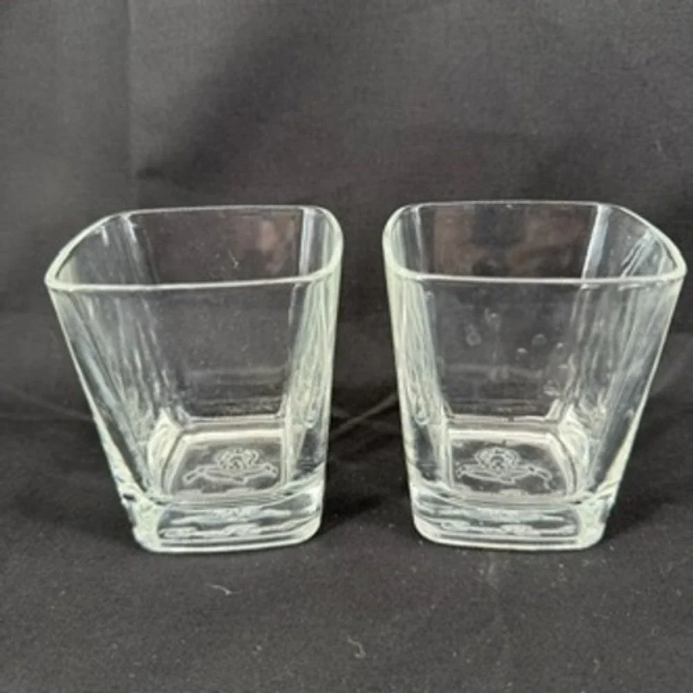 Crown Royal Whiskey Rocks Glasses Set of 2 Square Embossed Bottom Clear Barware